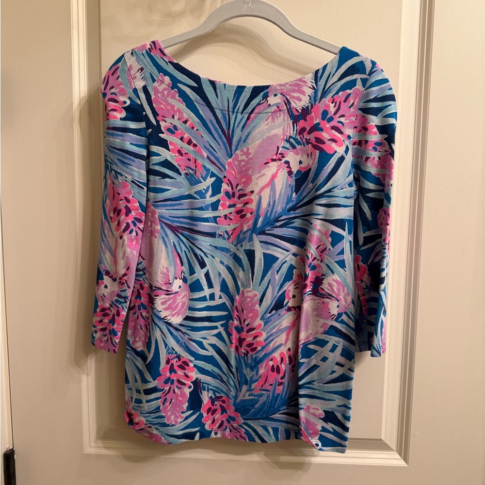 Vibrant Blue Tropical Print Boatneck Top